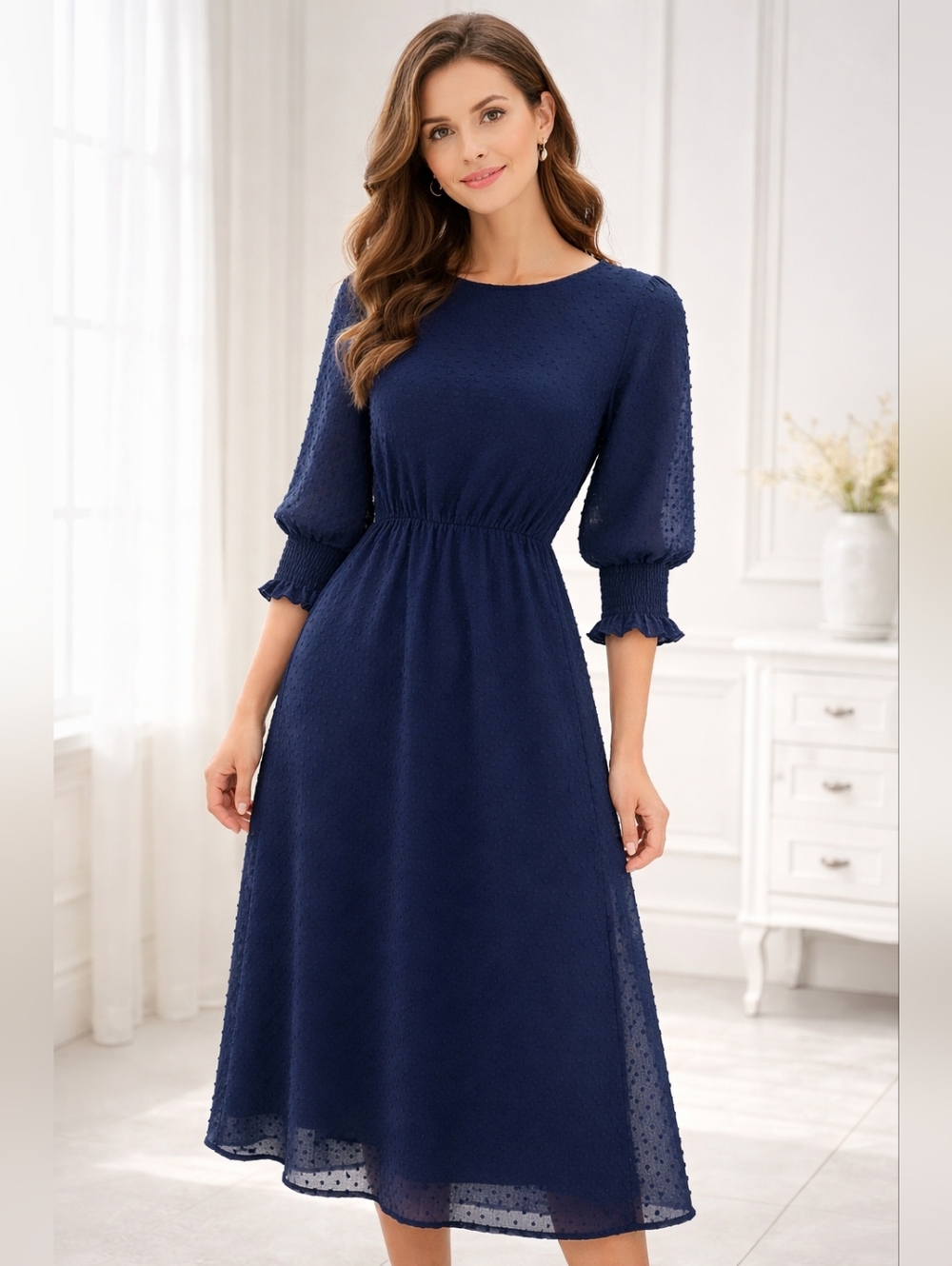 Navy swiss dot LG midi dress statement sleeves romantic prairie modest Elegant
